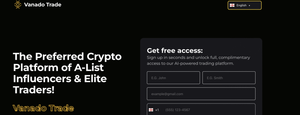 VanadoTrade.com dashboard showing trading interface.