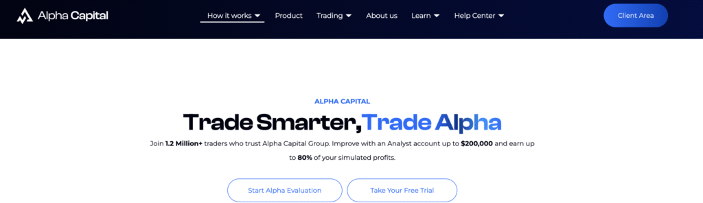 Screenshot of Alpha Capital Group trading dashboard showing positive Trustpilot rating