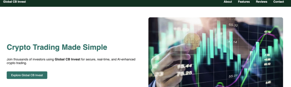 Screenshot of globalcbinvest.com website promoting crypto trading, used in a scam review
