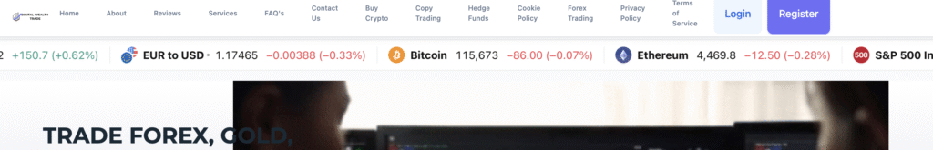 Screenshot of DigitalWealthTrade.com home page highlighting scam warning signs