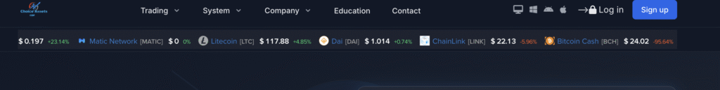 Website homepage of ChoiceAssetsCFDs.live showing trading dashboard”