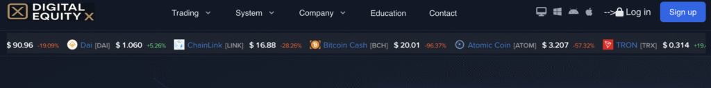 Screenshot of DigitalEquityX.com homepage showing scam trading platform