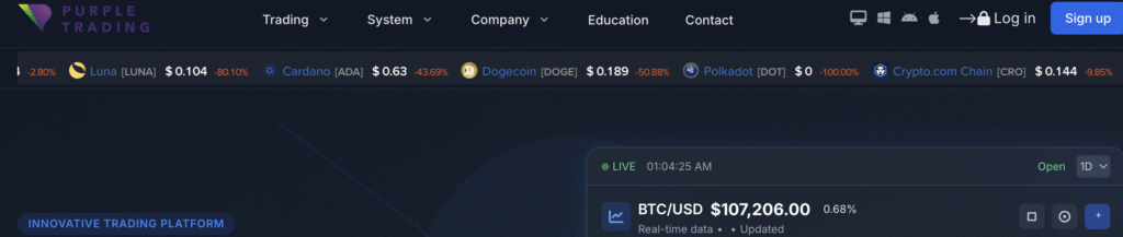 PurpleFXTrading website screenshot highlighting warning signs — PurpleFXTrading scam review