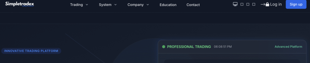 Screenshot of simpletradex.us trading homepage