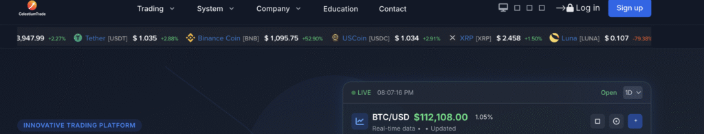 CelestiumTrade website screenshot showing suspicious trading offers
