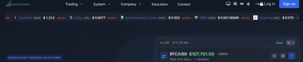 Screenshot of AvanTrustMarkets.com homepage showing promotional claims