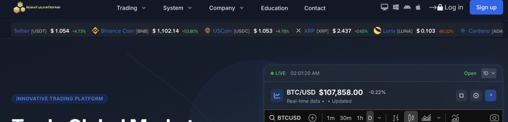 Alt text: ApexFutureMarket.live scam review website screenshot.”