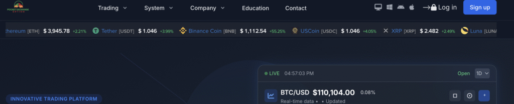 Screenshot of PocketExchangeOption website showing scam warning indicators