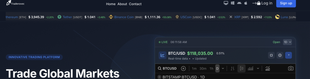 TraderOxec.com homepage overview