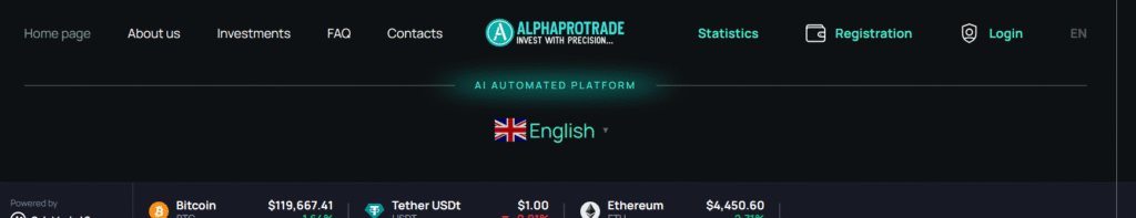 Screenshot of AlphaProTrades.net homepage