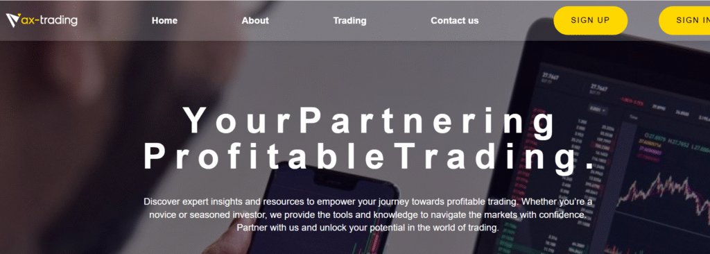 AX-Trading.com homepage showing trading dashboard and promotional offers