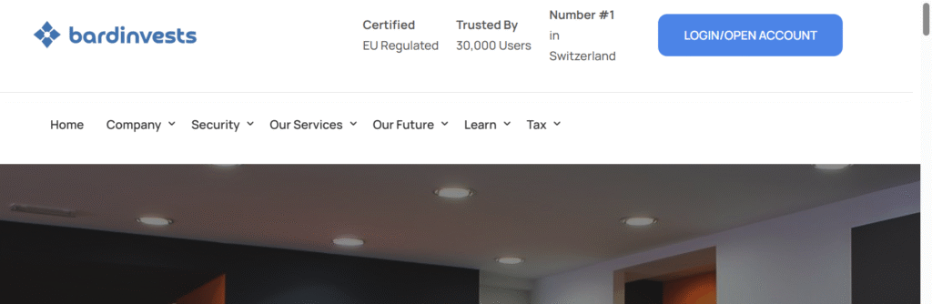 BardInvests.com homepage screenshot showing scam warning signs