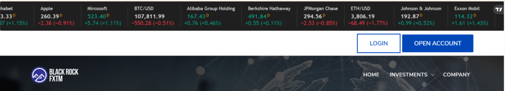 Screenshot of Blackrockfxtm.com platform showing unrealistic 90% ROI claims