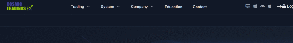 Screenshot of the CosmicTradingsFX.com homepage used in a scam trading platform review.