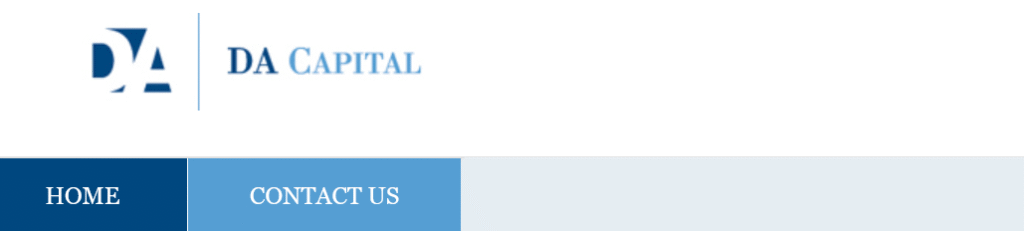 Screenshot of dacapitalfunds.com homepage showing investment scam warning signs