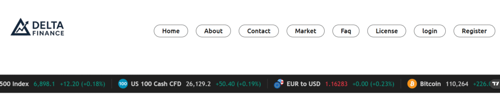 DeltaFinance.ltd website homepage showing scam warning signs