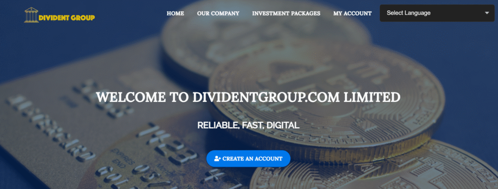 Screenshot of DividendGroup.com homepage showing unrealistic profit claims and high-return promises.