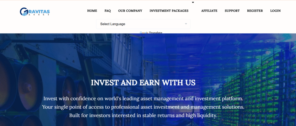 Gravitas-Assets.com homepage screenshot showing high-yield investment claims