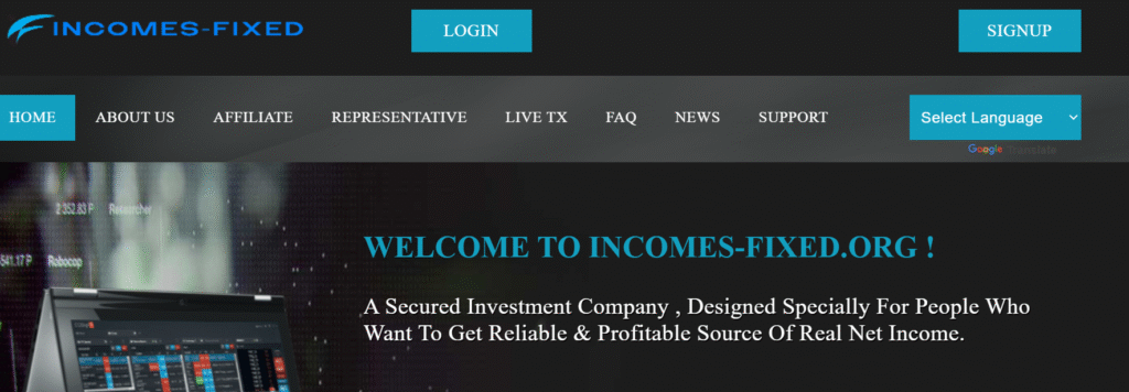Incomes-Fixed.org homepage showing misleading investment promises and fake fixed income claims