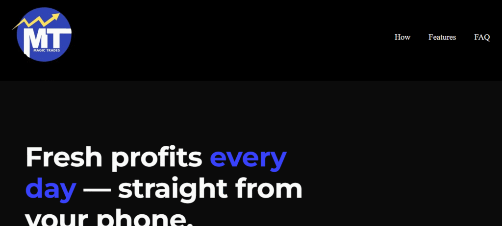 MagicTrades.org homepage showing scam platform interface