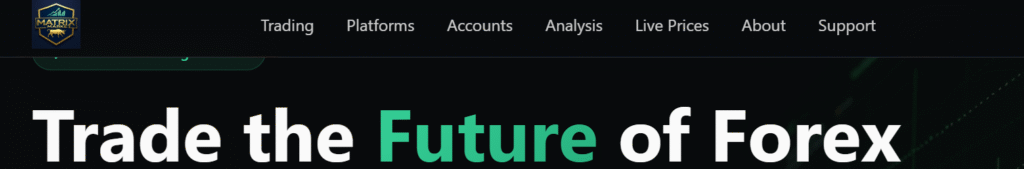 MatrixGlobalFX.com homepage screenshot showing scam platform interface