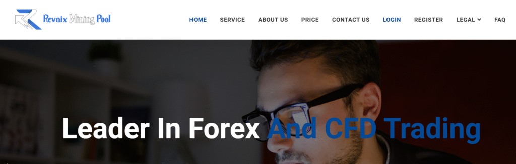 RevnixMiningPool.com homepage showing fake mining dashboard