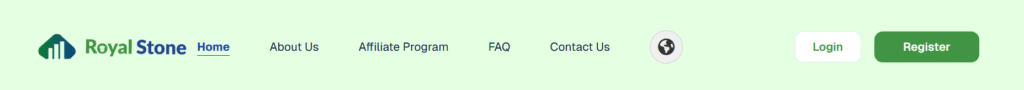 Screenshot of the Royalstonecapital.com homepage highlighting the lack of regulatory information.