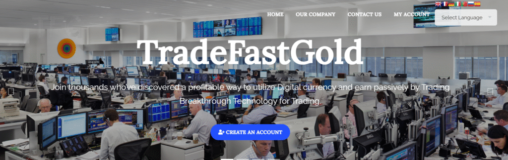 TradeFastGold website homepage showing gold and crypto trading dashboard