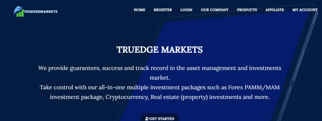 TrueEdgeMarkets website homepage showing scam warnings
