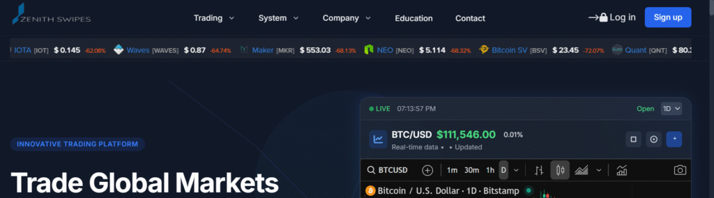 ZenithSwipes homepage screenshot showing main dashboard and login section