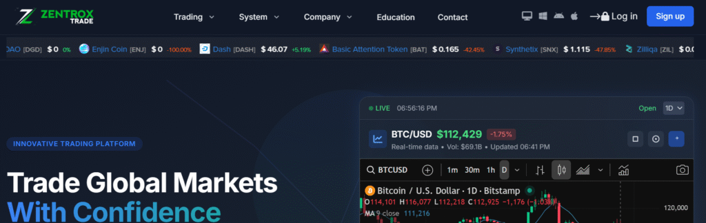 ZentroxTrade homepage screenshot showing website layout