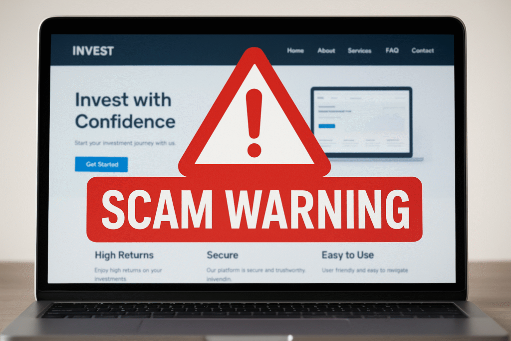 screen showing an investment website with a large red scam warning sign