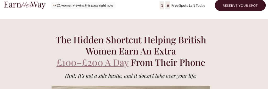 EarnHerWay.co.uk website screenshot showing fake income promises