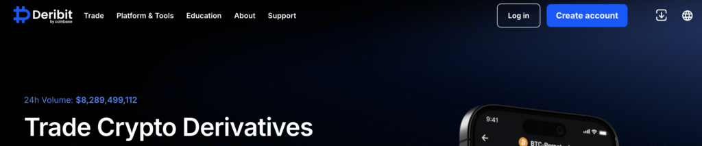 Deribit trading dashboard showing crypto derivatives options.”