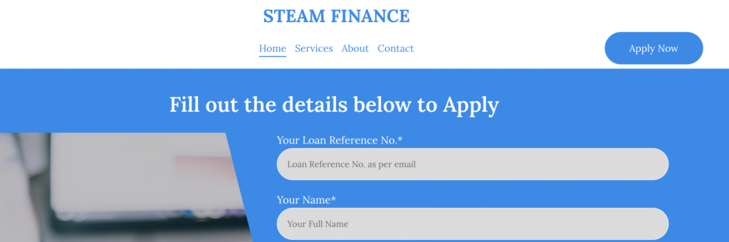 SteamFinance.online scam warning illustration showing red flags and suspicious activity.