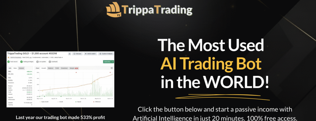 TrippaTradingFX scam warning — trading interface with alert icon.