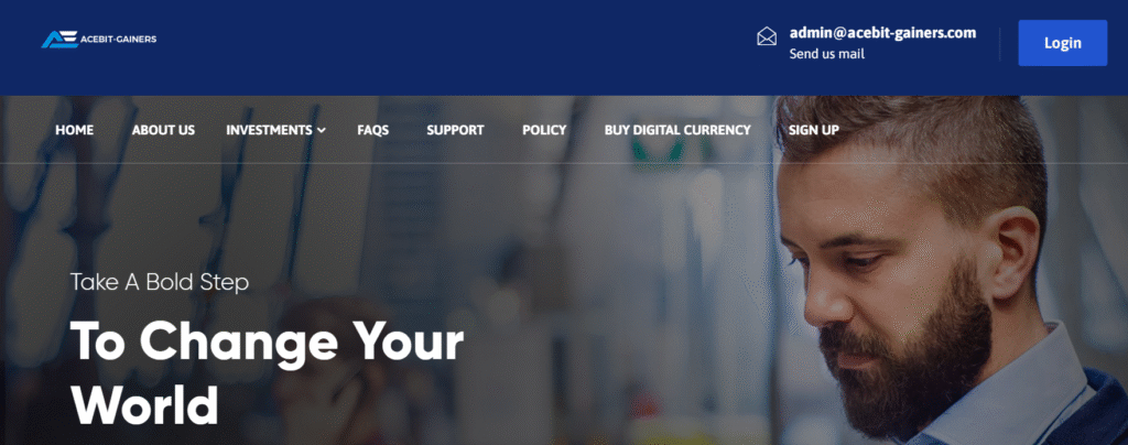 Acebit-Gainers.com homepage showing fake investment dashboard