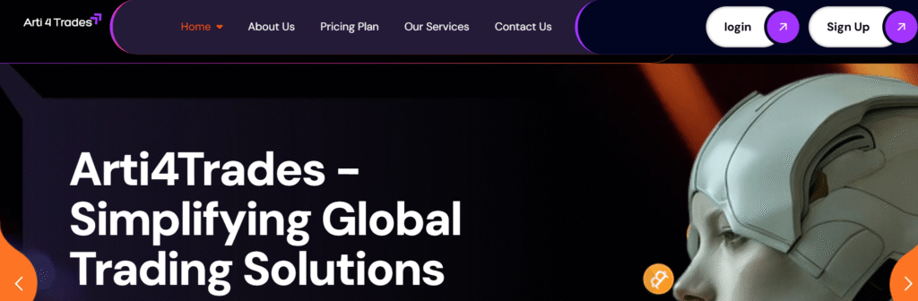 Arti4Trades.com homepage screenshot showing trading platform interface