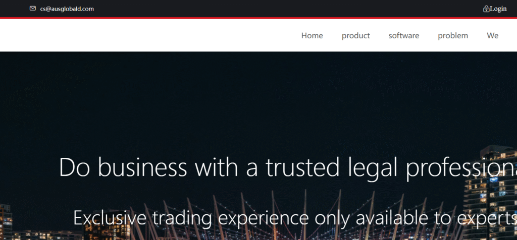 AusGlobalD.com homepage screenshot showing scam warning