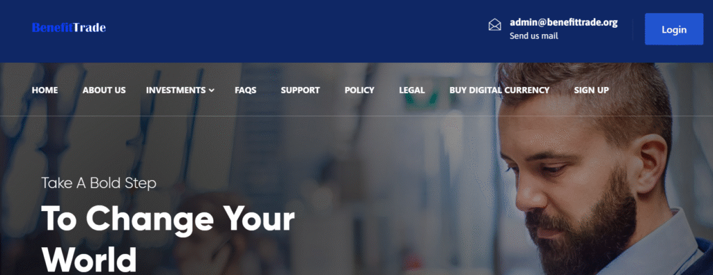 BenefitTrade.org homepage screenshot showing fake investment offers and red flags