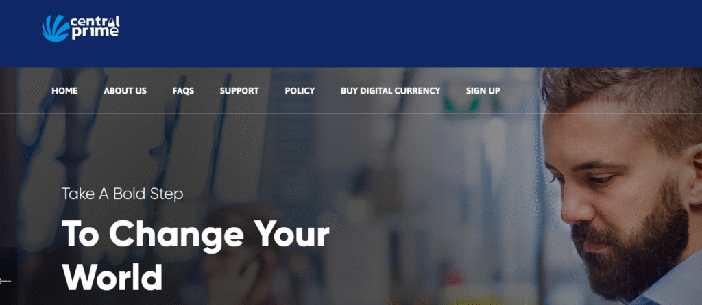 Screenshot of Central-Prime.com homepage showing trading platform