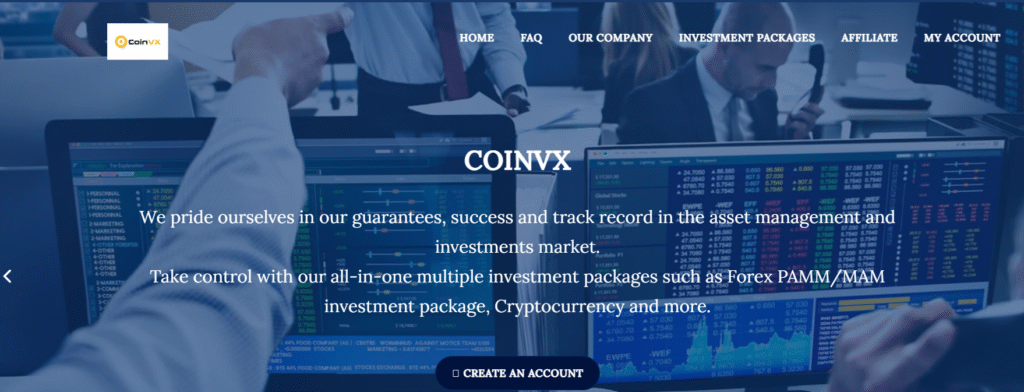Screenshot of Coinvx.net homepage showing investment claims