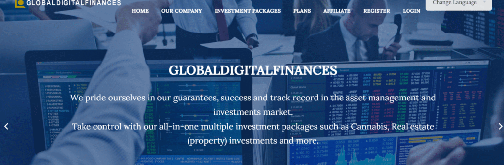 GlobalDigitalFinances website screenshot showing investment packages