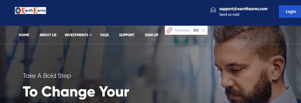 EartheArns.com dashboard showing fake earnings screen.