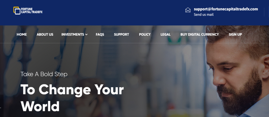 FortuneCapitalTradeFX.com homepage screenshot showing scam alert