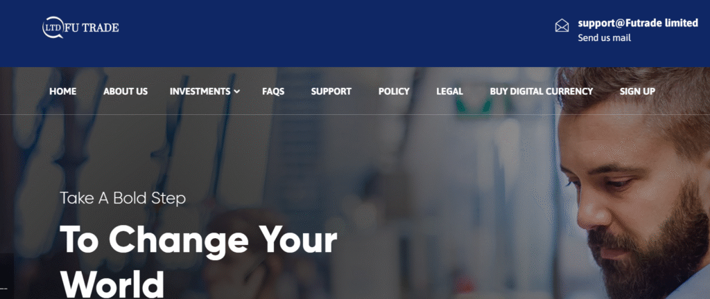 FUTrade.ltd website homepage showing investment plans and dashboard