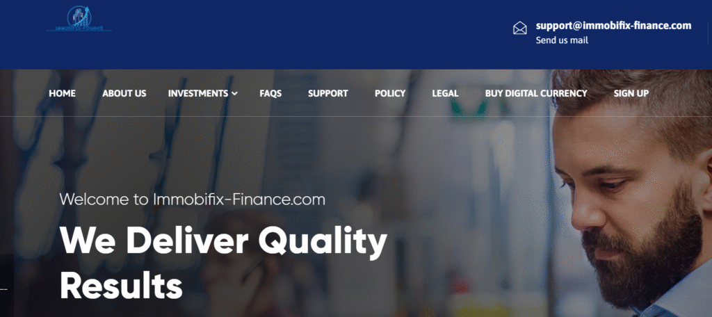 Screenshot of Immobifix-Finance.com fake investment plans offering 5% daily returns.