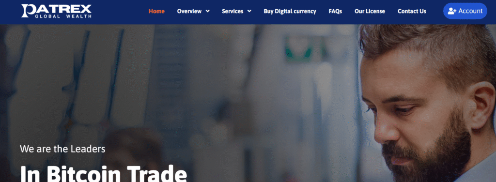 PatrexGlobalWealth.com homepage showing main navigation and promotional banners
