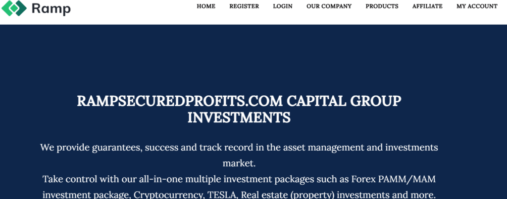 RampSecuredProfits.com homepage showing fake investment offers.