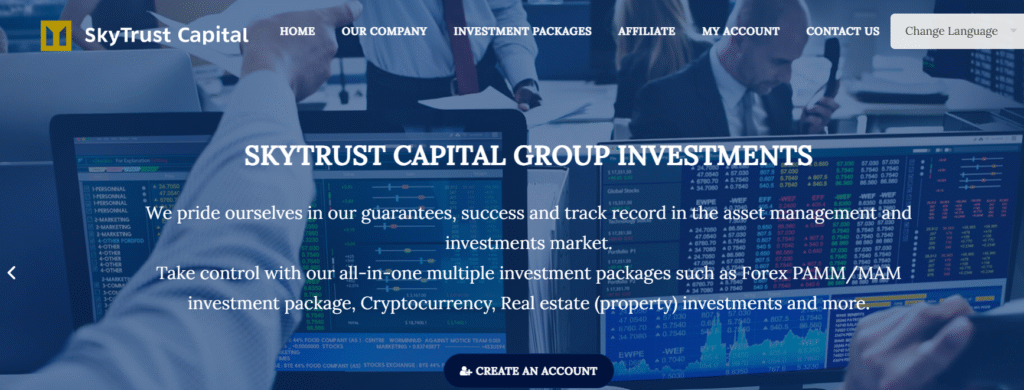 Screenshot of the SkyTrust-Capital.live homepage claiming high investment returns